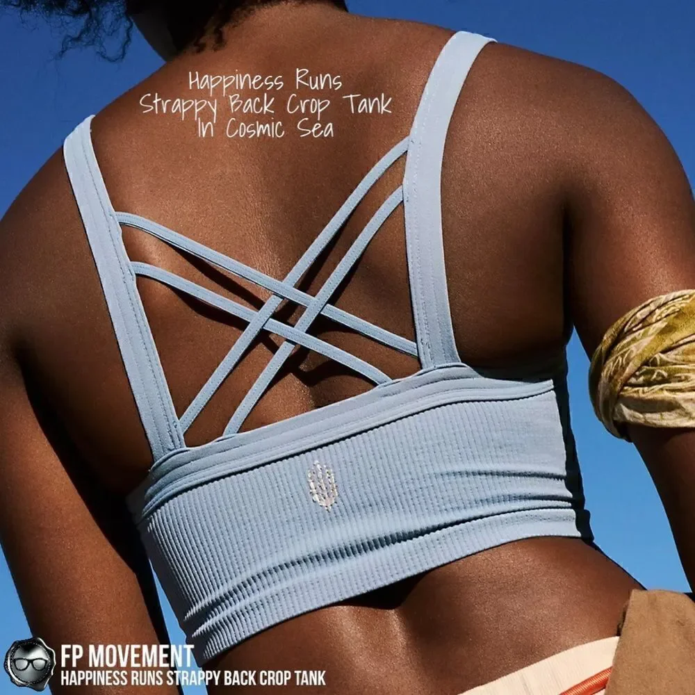 FP MOVEMENT HAPPINESS RUNS STRAPPY BACK CROP TANK + GOOD KARMA LEGGINGS BLUE HUE - Picture 5 of 16